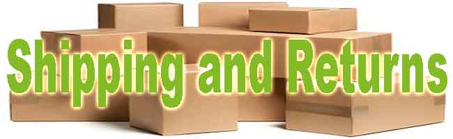 shipping and returns in large green letters in front of many cardboard boxes.