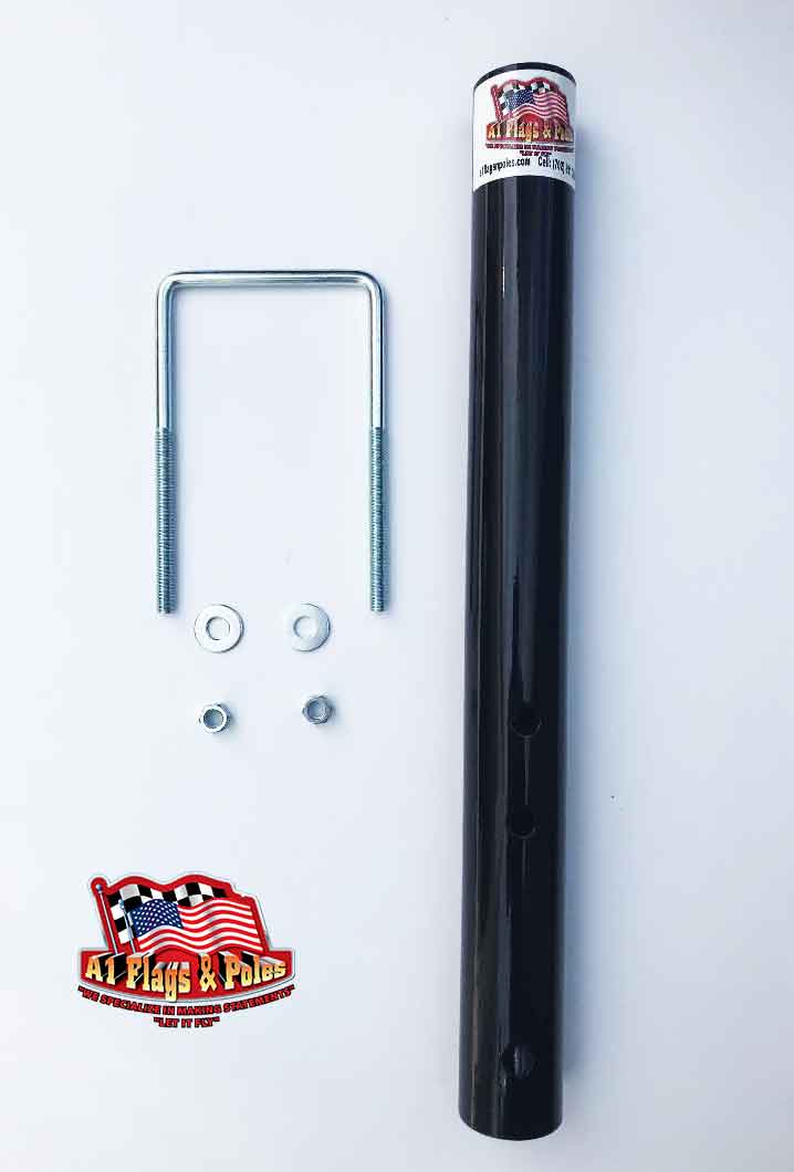 Black flagpole bumper mount with square u-bolt with two washers and nuts.