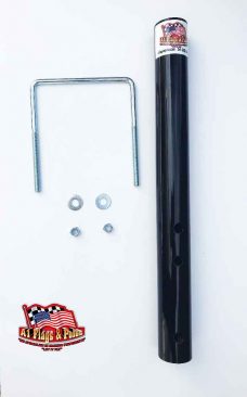 Black flagpole frame mount with square u-bolt with two washers and nuts.